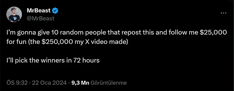 MrBeast, X'te Paylaştığı Videodan 263 Bin Dolar Kazandı MrBeast, X'te Paylaştığı Videodan 263 Bin Dolar Kazandı